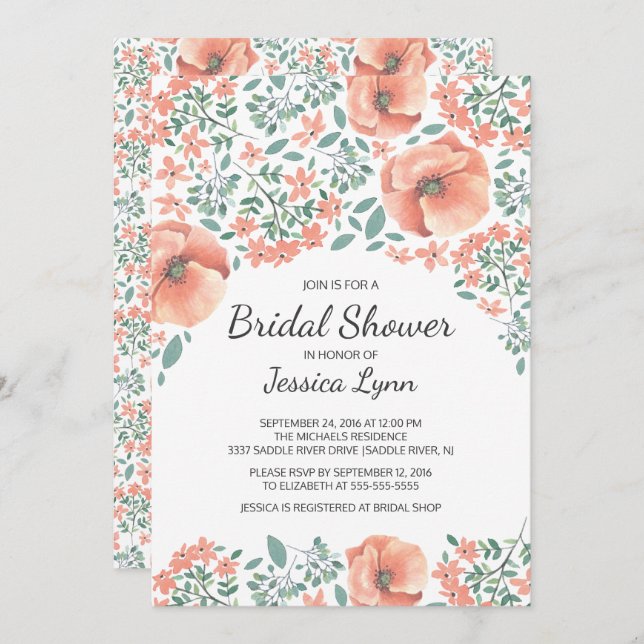Pretty Peach Flowers Bridal Shower Invite (Front/Back)