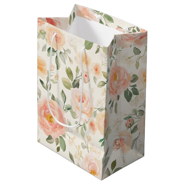 Pretty Peach Flowers Bridal Shower Medium Gift Bag (Front Angled)