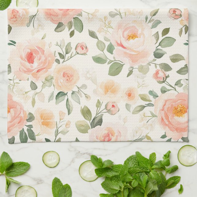 Pretty Peach Flowers Bridal Shower Tea Towel (Folded)
