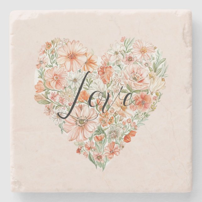 Pretty Peach Flowers Heart Stone Coaster (Front)
