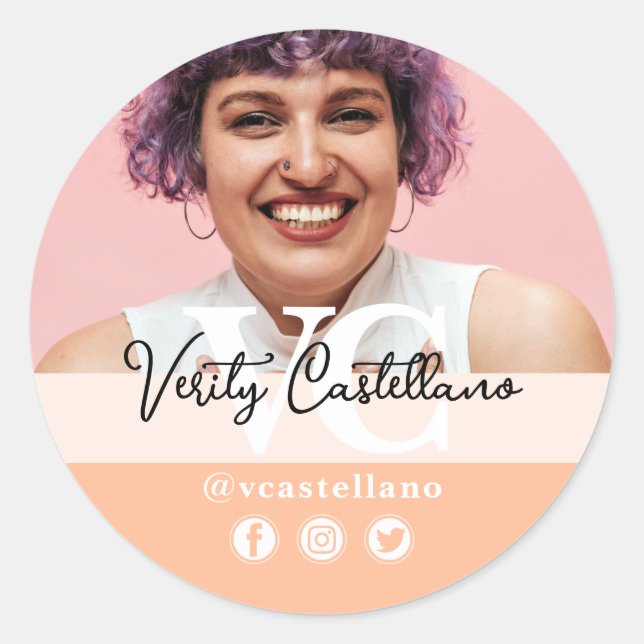 Pretty Peach Modern Script Name & Custom Photo Classic Round Sticker (Front)