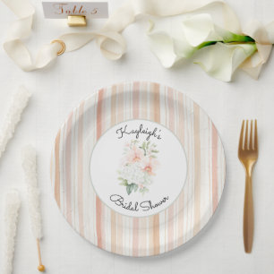Pretty Peach Orchid Flowers Stripes Bridal Shower  Paper Plate