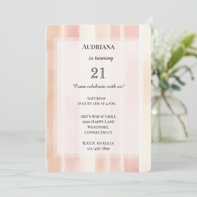 Pretty Peach Pink Cream Stripes Birthday Invitation (Standing Front)