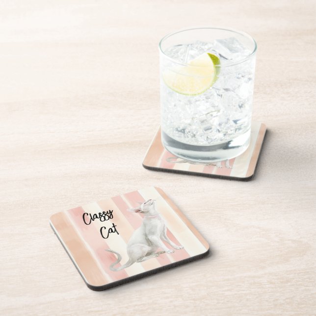 Pretty Peach Pink Cream Stripes Cat Coaster (Right Side)
