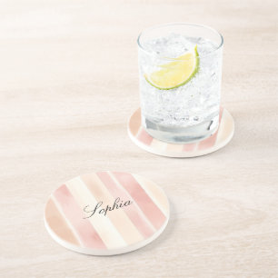 Pretty Peach Pink Cream Stripes  Coaster