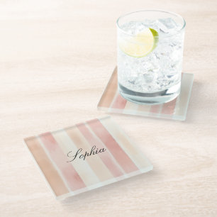Pretty Peach Pink Cream Stripes  Glass Coaster