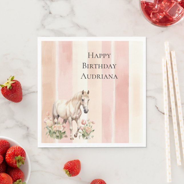 Pretty Peach Pink Cream Stripes Horse Birthday Napkin (Insitu)