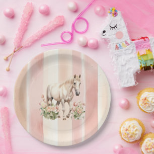 Pretty Peach Pink Cream Stripes Horse Birthday Paper Plate