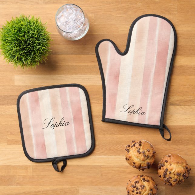 Pretty Peach Pink Cream Stripes  Oven Mitt & Pot Holder Set (Top Down)