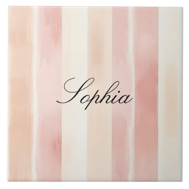 Pretty Peach Pink Cream Stripes  Tile (Front)
