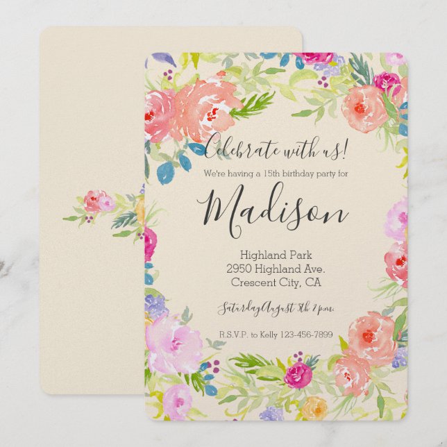 Pretty Peach Pink Watercolor Floral birthday Invitation (Front/Back)
