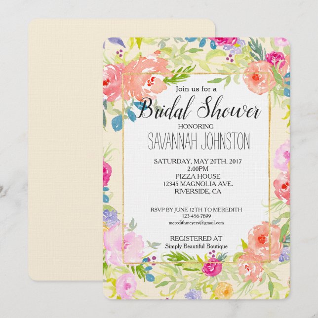 Pretty Peach Pink Watercolor Floral Bridal Shower Invitation (Front/Back)