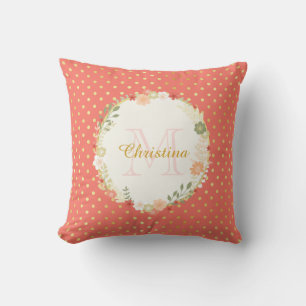 Pretty Peach Polka Dot Floral Name and Monogram Cushion