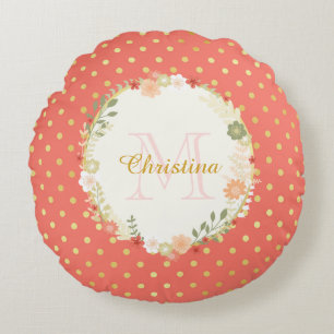 Pretty Peach Polka Dot Floral Name and Monogram Round Cushion