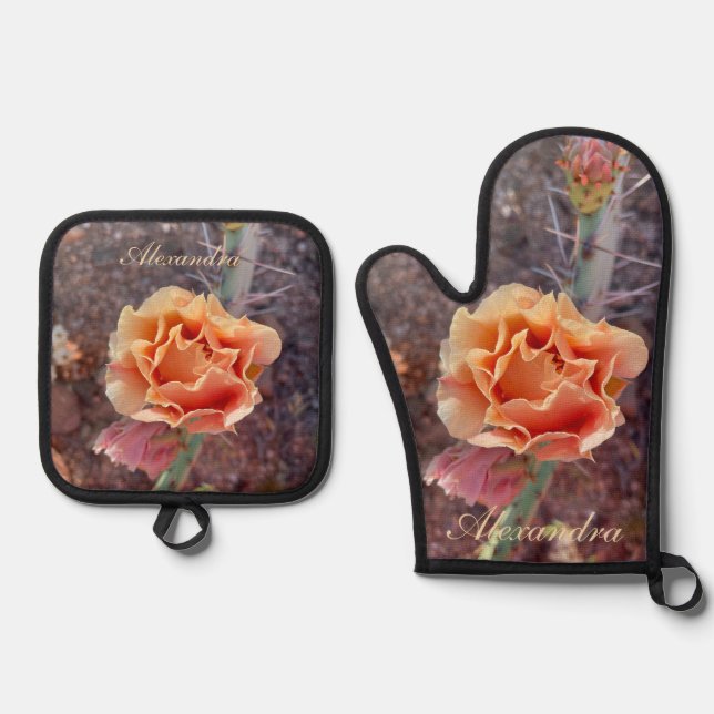 Pretty Peach Prickly Pear Flower Oven Mitt & Pot Holder Set (Front)