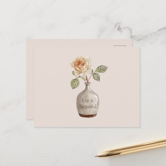 Pretty Peach Rose Flower in Vase Postcard (Front/Back In Situ)