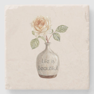 Pretty Peach Rose Flower in Vase Stone Coaster