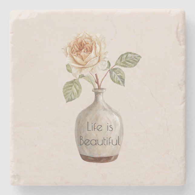Pretty Peach Rose Flower in Vase   Stone Coaster (Front)