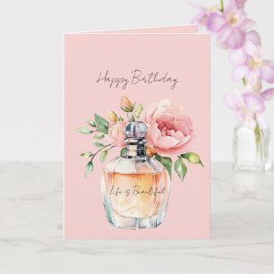 Pretty Peach Roses Perfume Bottle Birthday Card