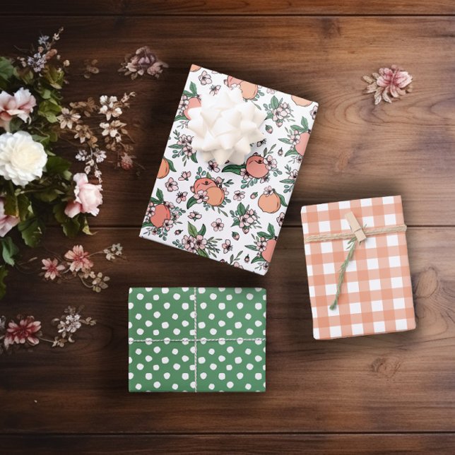 Pretty Peaches & Gingham Mixed Patterns Wrapping Paper Sheet (Creator Uploaded)