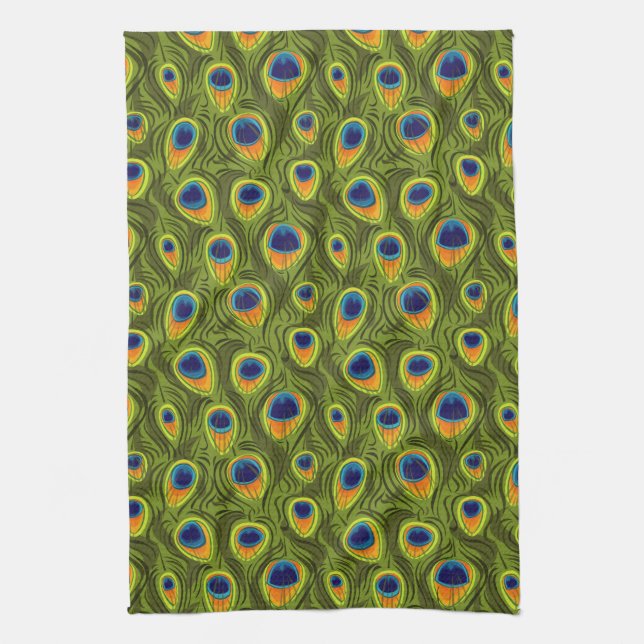 Pretty Peacock Feathers Pattern Tea Towel (Vertical)