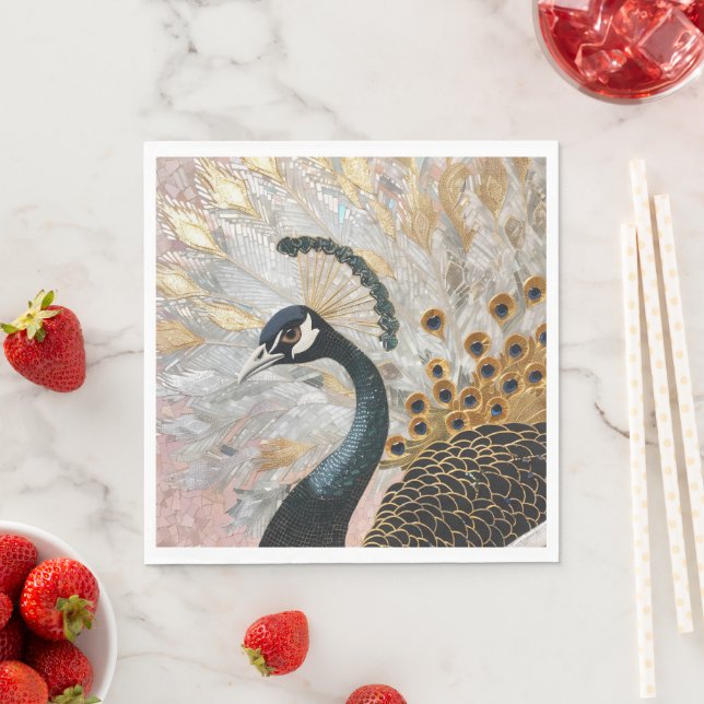 Pretty Peacock Gold Christmas Napkin (Insitu)