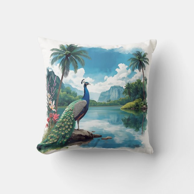 Pretty Peacock in a Tropical Paradise Cushion (Front)