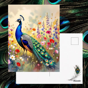 Pretty Peacock in Floral Meadow Saying Hi Postcard