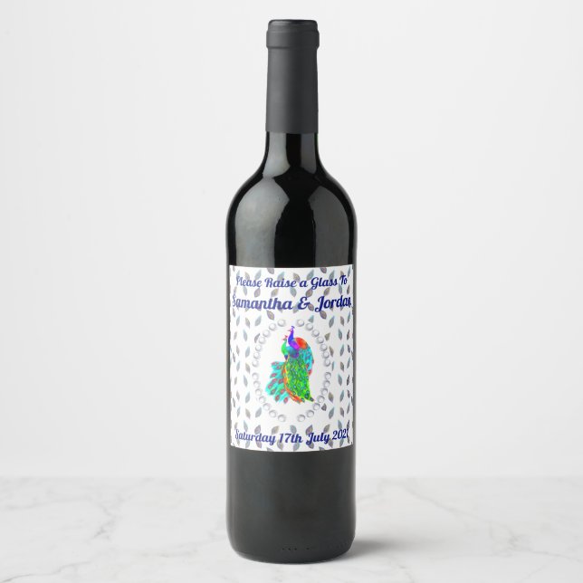 Pretty Peacock Pair Personalized Wine Label (Front)