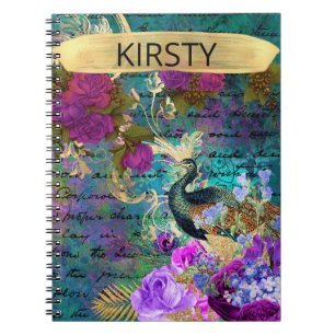 Pretty Peacock Pattern with Purple Flowers Luxury Notebook