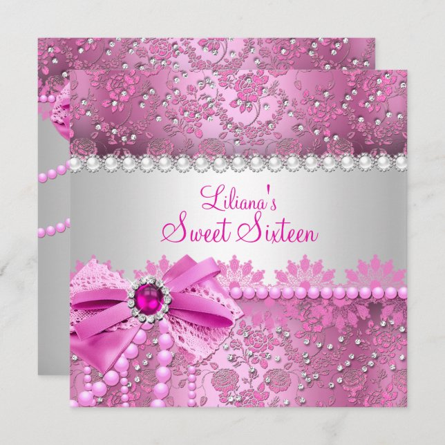 Pretty Pearl Bow Lace Pink Silver Sweet 16 Invitation (Front/Back)