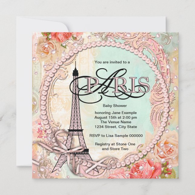 Pretty Pearls Pink Paris Baby Shower Invitation (Front)