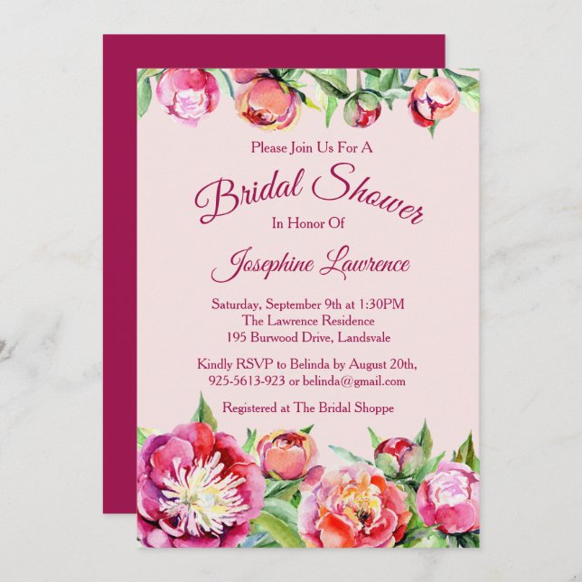 Pretty Peonies Floral Bridal Shower Invitations (Front/Back)
