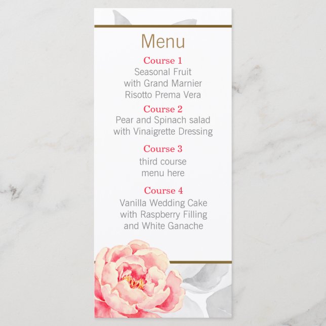 Pretty Peonies Modern Floral wedding menu (Front)