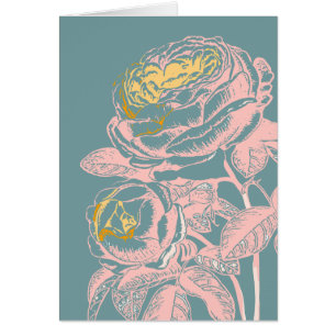 Pretty Peony Drawing in Teal and Blush Card