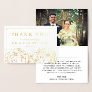 Pretty Peony Floral Photo Wedding Thank You Foil Card
