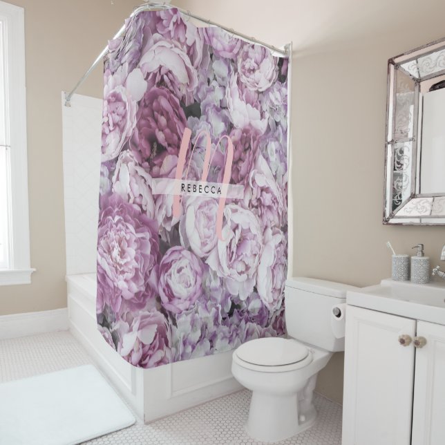 Pretty Peony Roses Floral Pink Monogram Shower Curtain (In Situ)