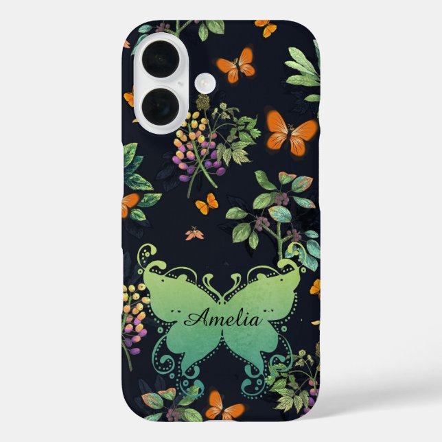 Pretty Personalised Dark Floral Butterfly Pattern Case-Mate iPhone Case (Back)