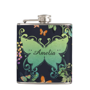 Pretty Personalised Dark Floral Butterfly Pattern Hip Flask