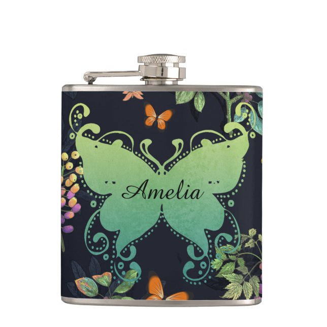 Pretty Personalised Dark Floral Butterfly Pattern Hip Flask (Front)