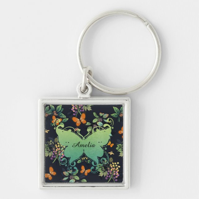Pretty Personalised Dark Floral Butterfly Pattern Key Ring (Front)