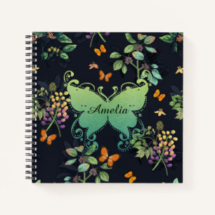Pretty Personalised Dark Floral Butterfly Pattern Notebook