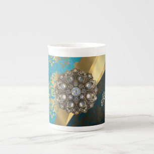 Pretty personalised girly aqua damask pattern bone china mug