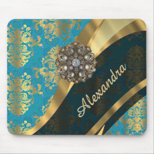 Pretty personalised girly aqua damask pattern mouse pad