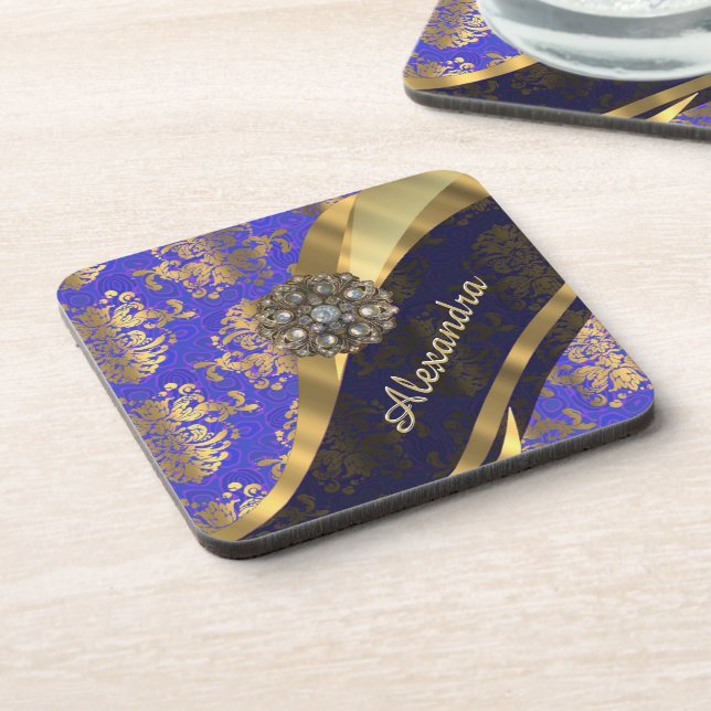 Pretty personalised girly blue damask pattern coaster (Left Side)