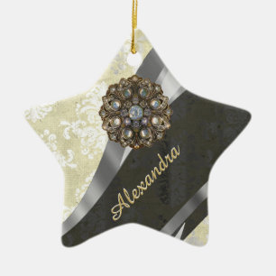 Pretty personalised girly cream damask pattern ceramic tree decoration