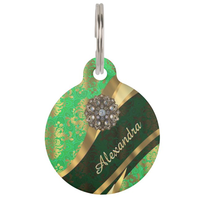 Pretty personalised girly green damask pattern pet tag (Front)
