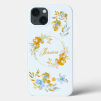 Pretty Personalised Gold Blue Winter Floral