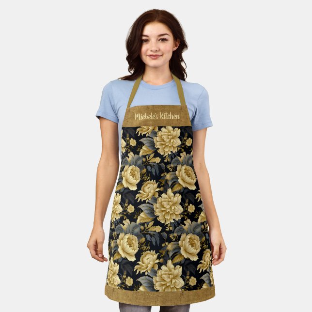 Pretty Personalised Gold Floral Apron (Worn)