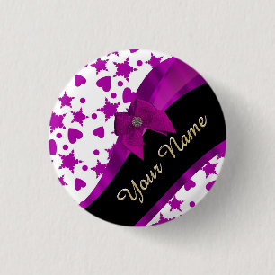 Pretty personalised magenta girly patterned 3 cm round badge